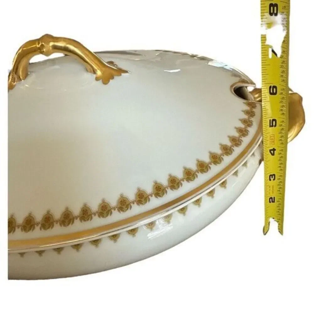 Haviland Limoges Antique Oval Tureen w Lid Serving Bowl Gold‎ Rim Green Vine